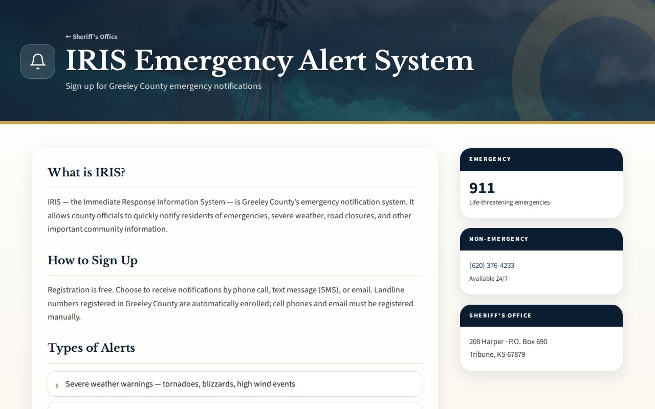 Greeley County IRIS public safety alert registration record