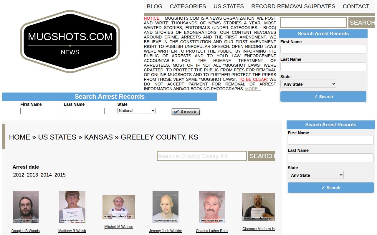 Mugshots.com unofficial Greeley County archive showing stale historical coverage